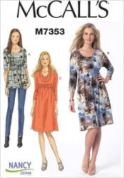 7353 McCalls Nancy Zieman Loose Empire Seamed Stretch Knit Tops, Dresses Pattern 6-14 New